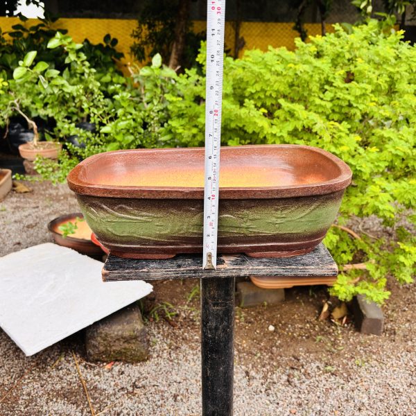 EarthenRoot™ 15.5-Inch Rectangular Carved Bonsai Tray – Dual-Tone Green & Brown Ceramic for Natural Bonsai Compositions