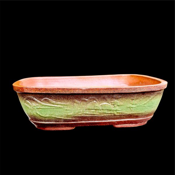 EarthenRoot™ 15.5-Inch Rectangular Carved Bonsai Tray – Dual-Tone Green & Brown Ceramic for Natural Bonsai Compositions